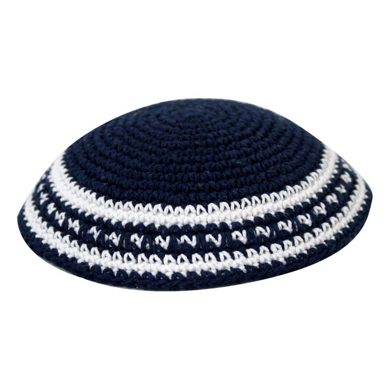 Crochet Kippah Navy Blue White Knit Yarmulke 6" Diameter