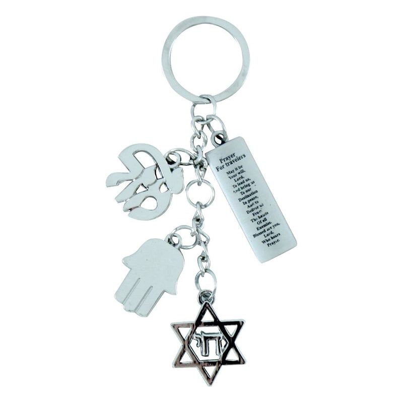4 Amulets Stars of David Key Mazal Chai Hamsa Jewish Key Chain Keyholder with English Traveler Payer