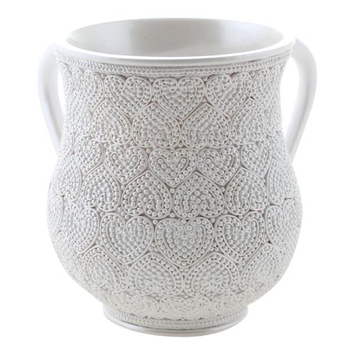 Pearls Hearts Polyresin Netilat Yadaim Washing Cup in White
