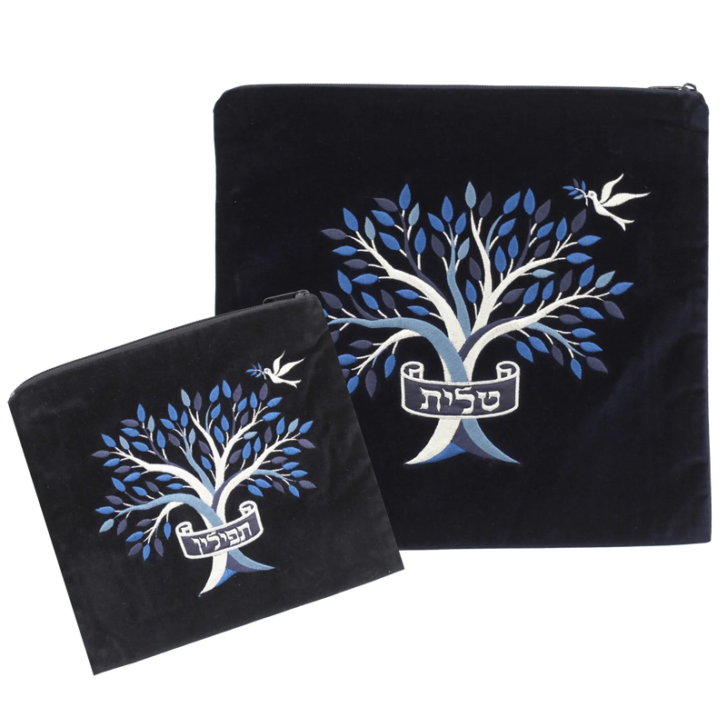 Tree of Life Blue Silver Embroidery Black Velvet Tefillin Bag