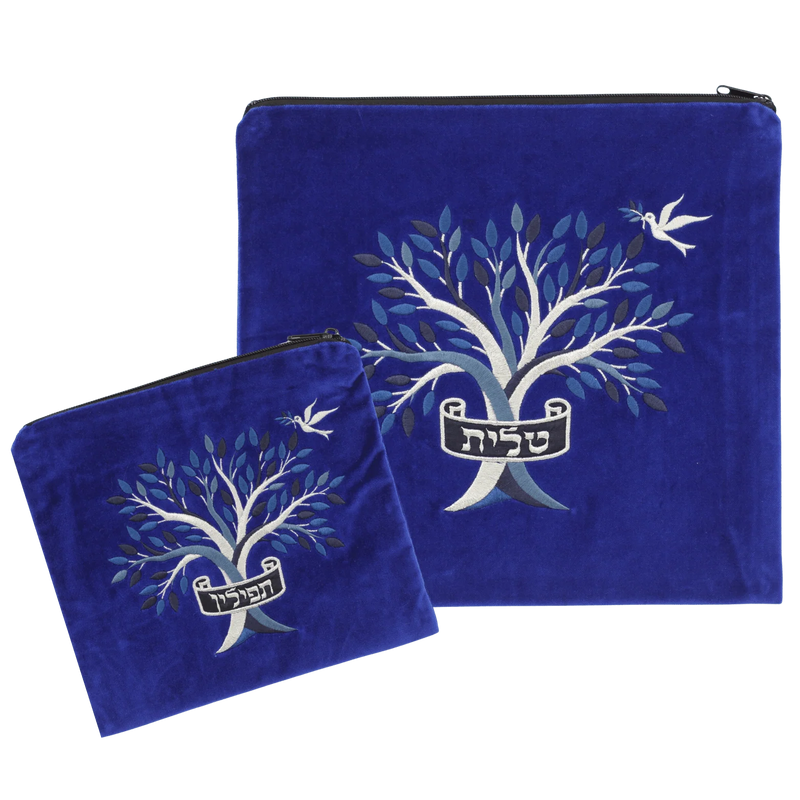Tree of Life Blue Silver Embroidery Black Velvet Tefillin Bag