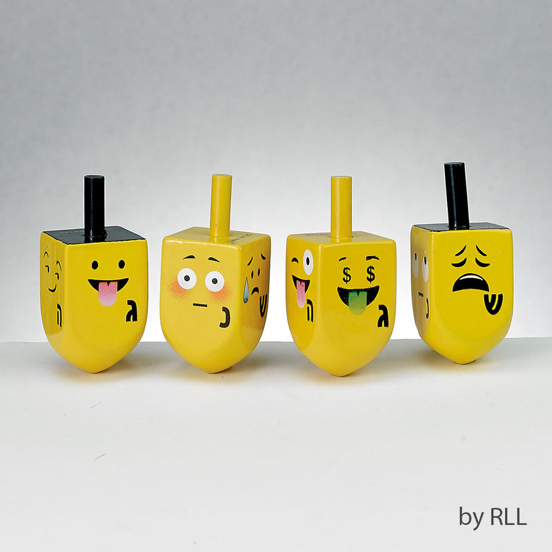 New Chanukah Wooden Dreidels with Emojis Set of 4