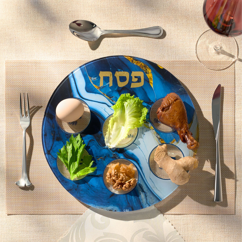 Classic  Blue Marble Glass Round Seder Plate Great Gift Idea!