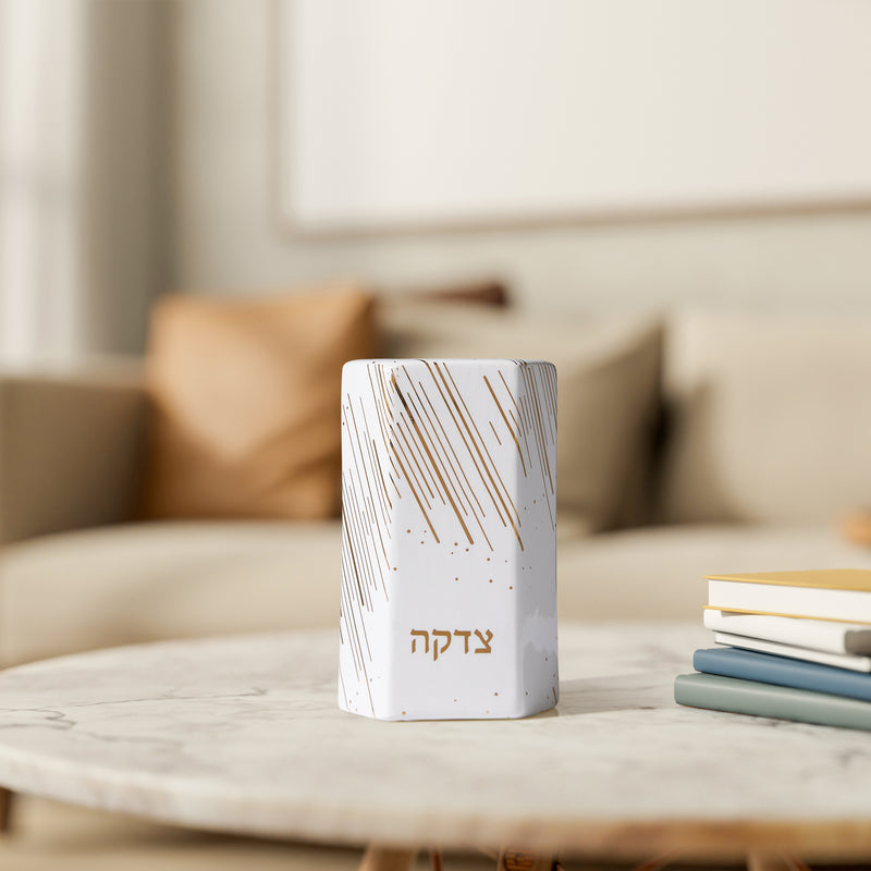Hexagon Ceramic Tzedakah Box Charity Box with Gold Accents