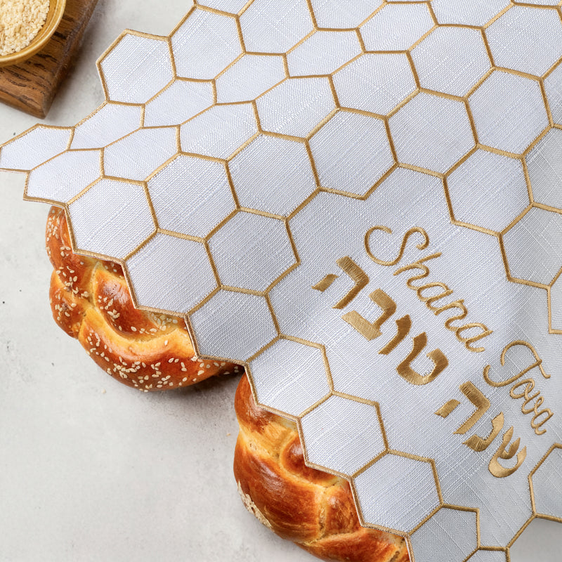 Rosh Hashana Honeycomb Challah Cover with Gold Embroidery
