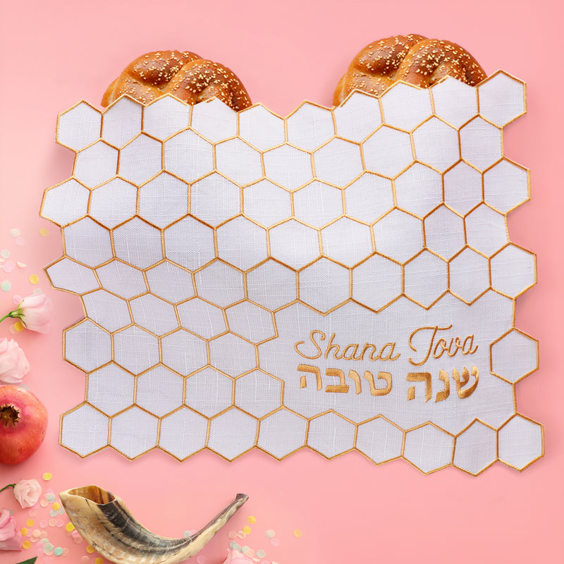 Rosh Hashana Honeycomb Challah Cover with Gold Embroidery