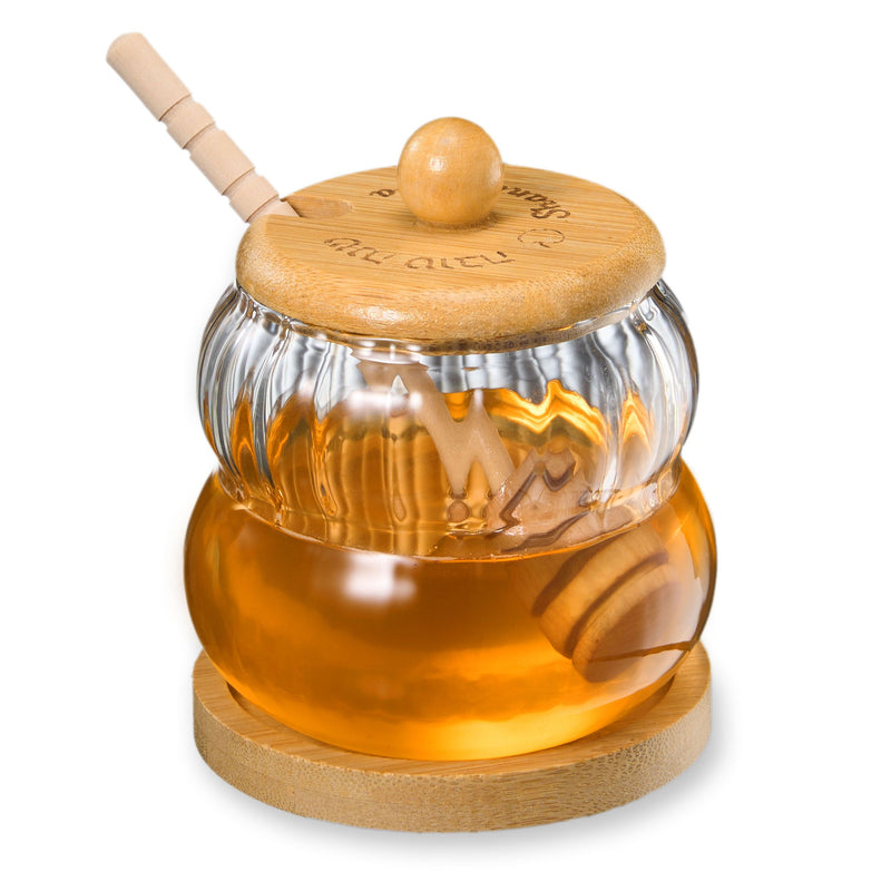 Shana Tova! Glass Honey Jar with Wood Lid & Stand and Honey Dipper