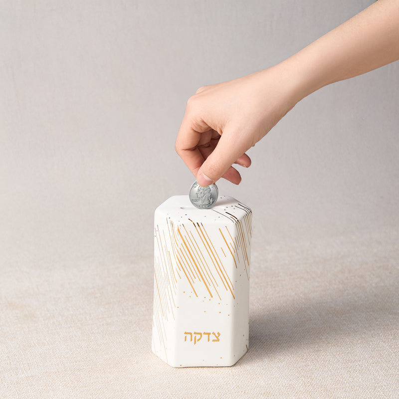 Hexagon Ceramic Tzedakah Box Charity Box with Gold Accents