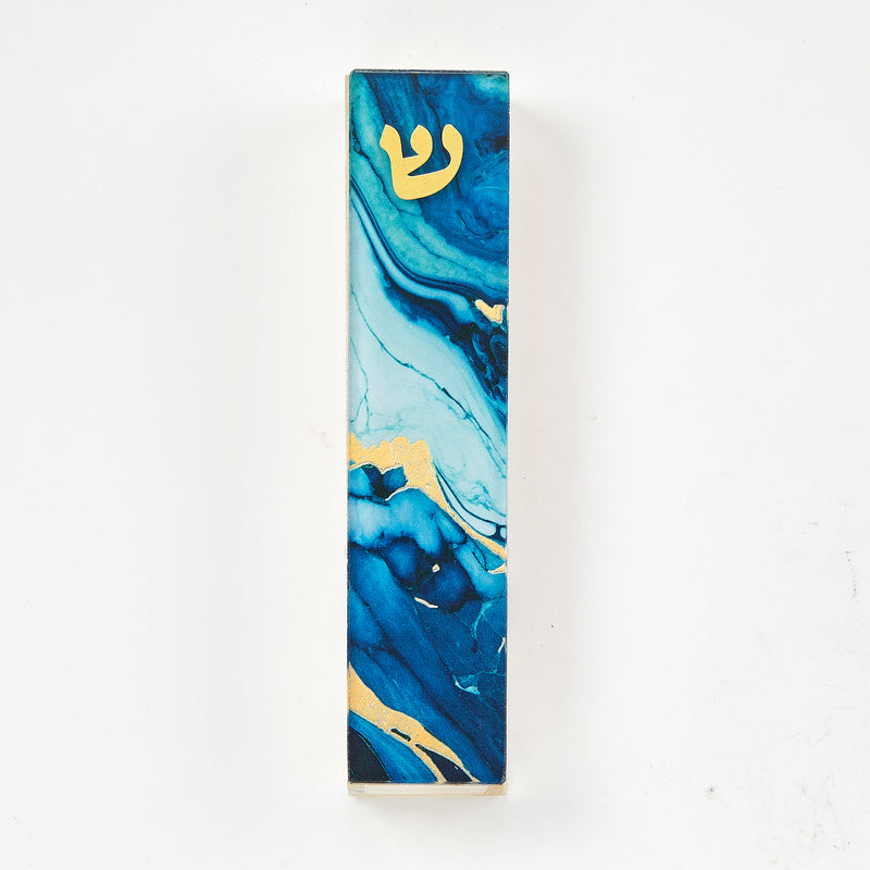 Dark Blue Marble Hand Embellished Art Glass Mezuzah Case with Golden Accents