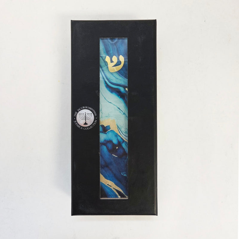 Dark Blue Marble Hand Embellished Art Glass Mezuzah Case with Golden Accents