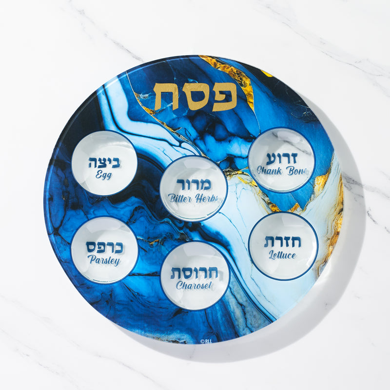 Classic  Blue Marble Glass Round Seder Plate Great Gift Idea!