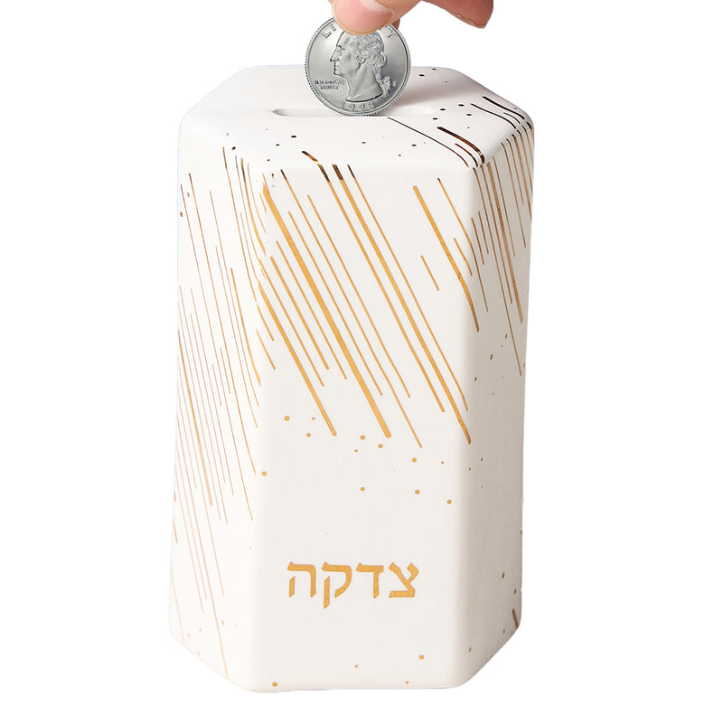 Hexagon Ceramic Tzedakah Box Charity Box with Gold Accents
