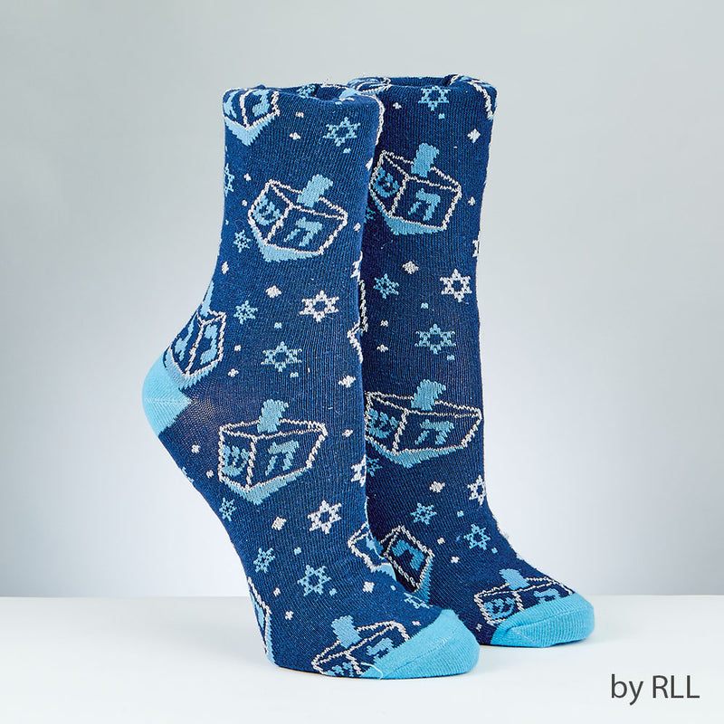Chanukah Adult Crew Dreidels Socks Metallic Accents Size 10-13 Cotton / Polyester / Spandex