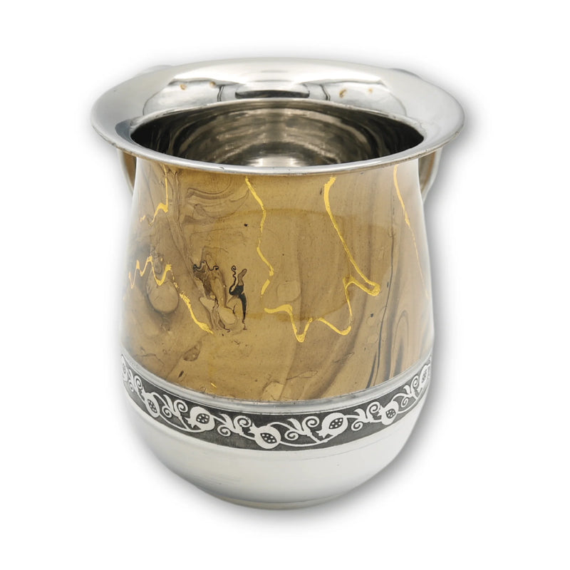 Coffee Marble Gold Highlights Pomegranate Ribbon Stainless Steel Netilat Yadaim Washing Cup 5.5"H