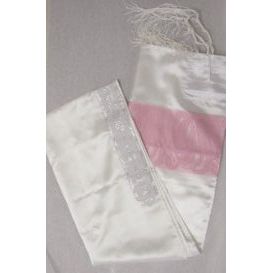 Pink Paisley Silver Scroll White Satin Women's Tallit - Polyester 2 sizes