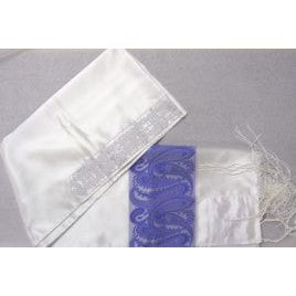 Violet Paisley Silver Scroll White Satin Women's Tallit - Polyester