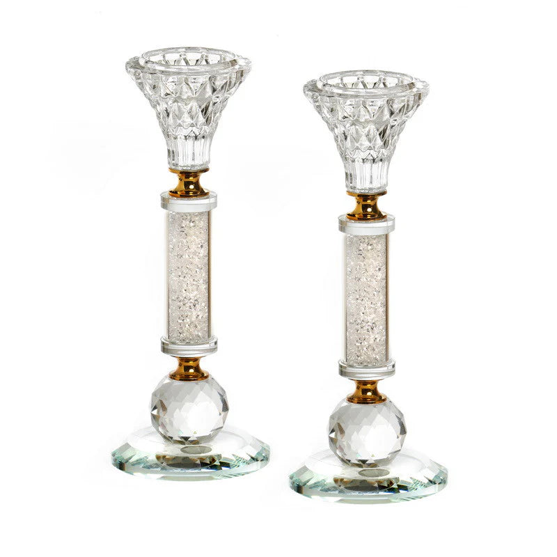 Crystal & Golden Net Candlesticks Silver Chips 8"H Set of 2