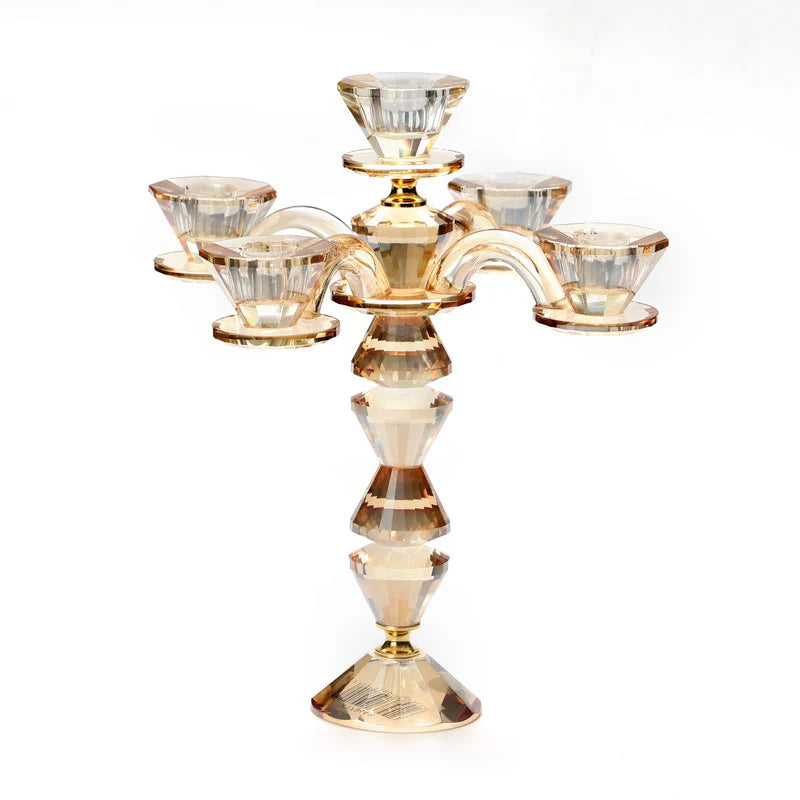 5 Branch Crystal Shabbat Candle Lighting Candelabra in Amber - 9.5" high