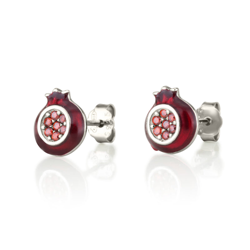 925 Sterling Silver Red Enamel & Swarovsky Pomegranates Earrings Made in Israel