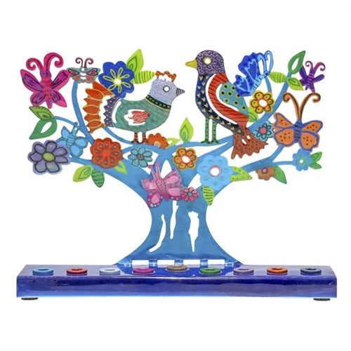 Emanuel Chanukah Menorah Colorful Lazer Cut, Hand Painted - Birds and Butterflies