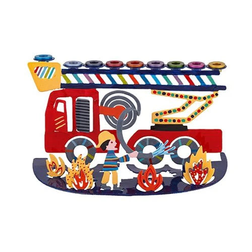 Children's Chanukah Menorah  Colorful Laser Cut Hand Painted - Fire Truck
