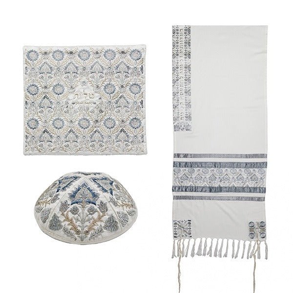 Antique Silver Embroidery Design Tallit 20" x 72" Tallis Set of 3 Made in Israel by Emanuel