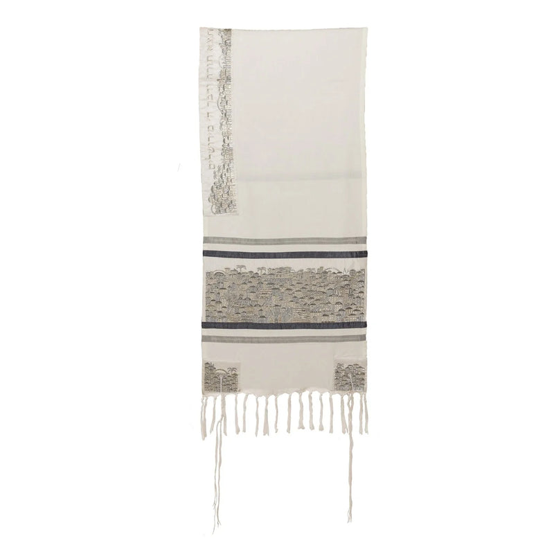 Jerusalem  Silk Embroidery Tallit Tallis Set of 3 Cotton Made in Israel By Emanuel