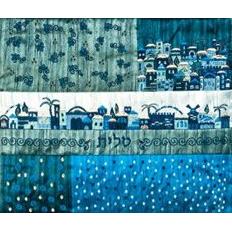 Embroidered Silk Tallit / Tallis Bag - Jerusalem Quilt in Mediterranean Sea blues By Emanuel
