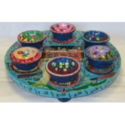 Oriental Colorful Wooden Seder Plate Set of 7 Made in Israel By Emanuel