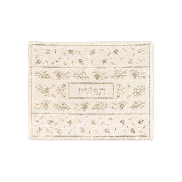 Embroidered Silk Tallit / Tallis Bag - "Pomegranates in Silver / Cream" By Emanuel