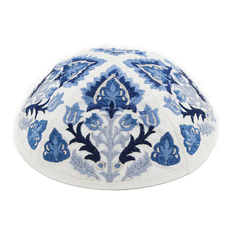 Emanuel Embroidered Kippah Antique Design in Blue by Yair Emanuel