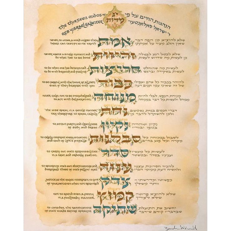 Principles for Life 13 Middos of Rabbi Salanter Jewish Art Print 14"x18" by Yona Weinrib Frame option