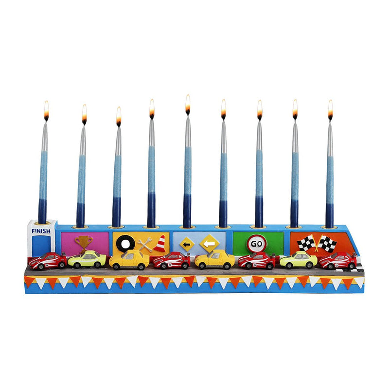Colorful Racetracks Chanukah Menorah Hand molded and Hand Painted