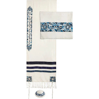 Embroidered Tallit Tallis Set Blue Magen David 20" x 75" Made in Israel By Emanuel