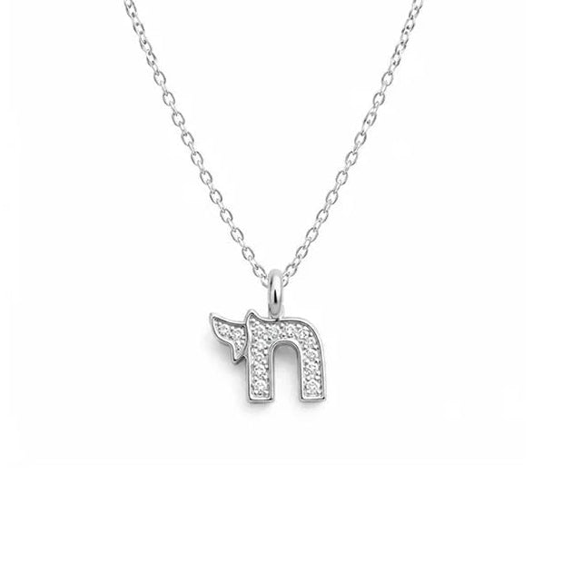 925 Sterling Silver & Swarovski Crystals Small Chai Pendant Necklace with Chain Design may very