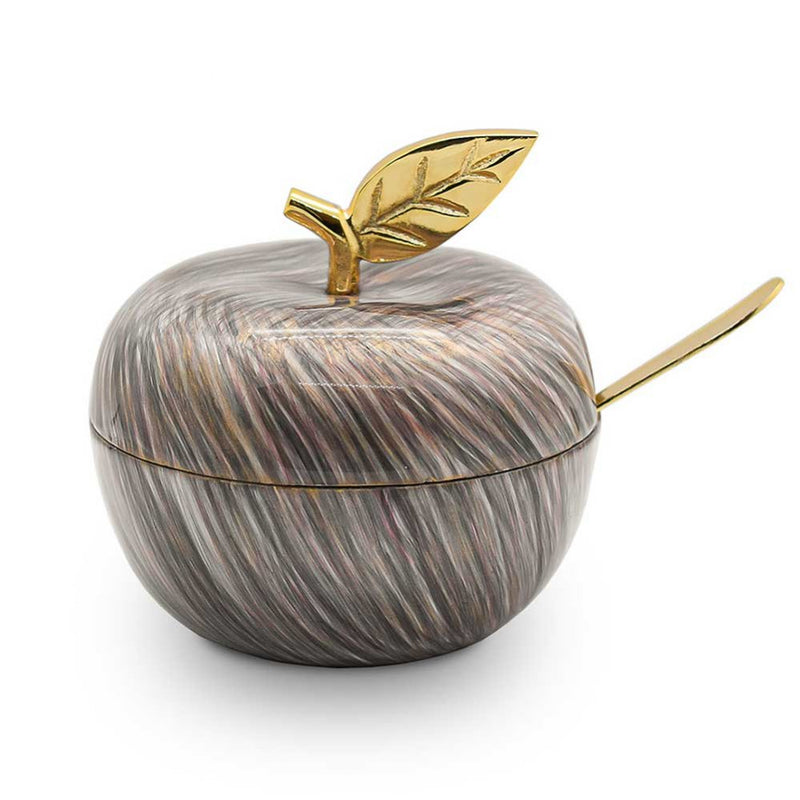 Decorated Apple Shaped Metal Honey Dish & Spoon Gold Accents