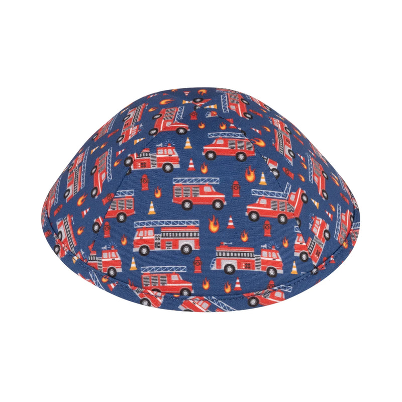 FIRE ZONE YARMULKE Firetrucks on Blue Child's Kippah Made by IKIPPAH