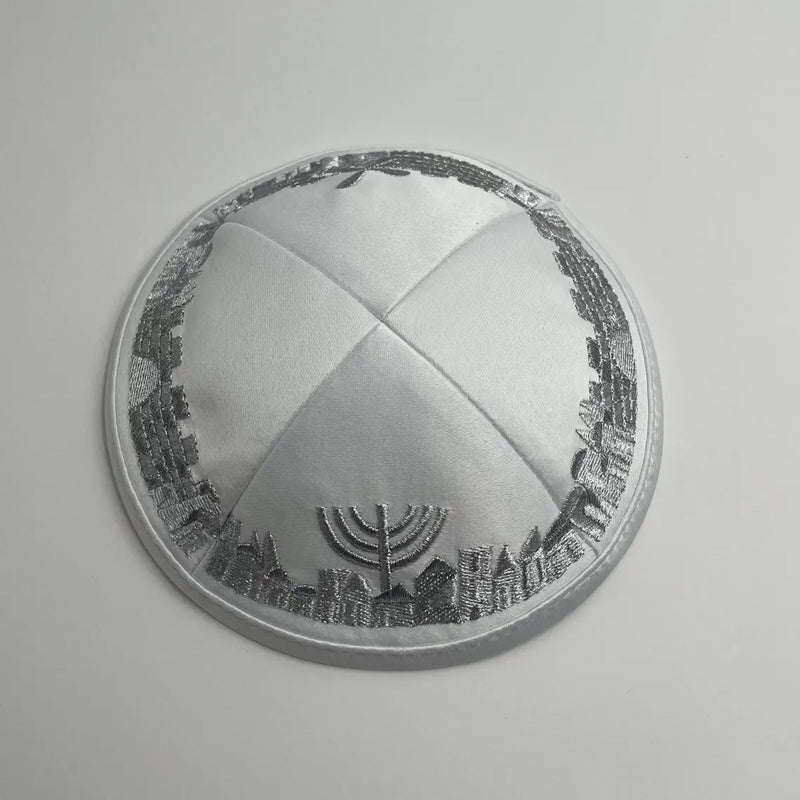Jerusalem Embroidered Wedding Kippah - Handmade White Yarmulke, Judaica from Israel