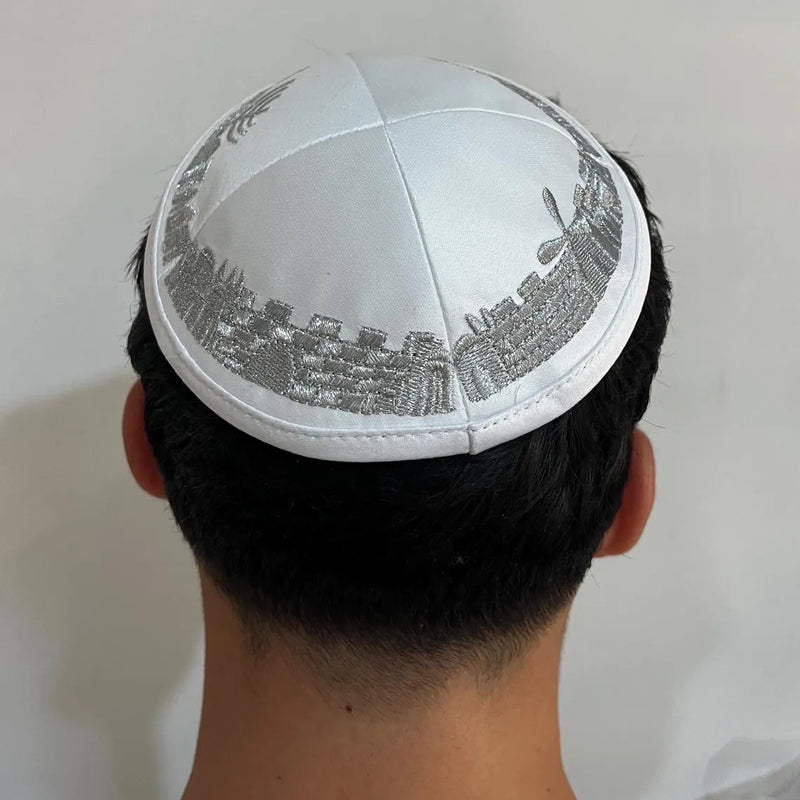 Jerusalem Embroidered Wedding Kippah - Handmade White Yarmulke, Judaica from Israel