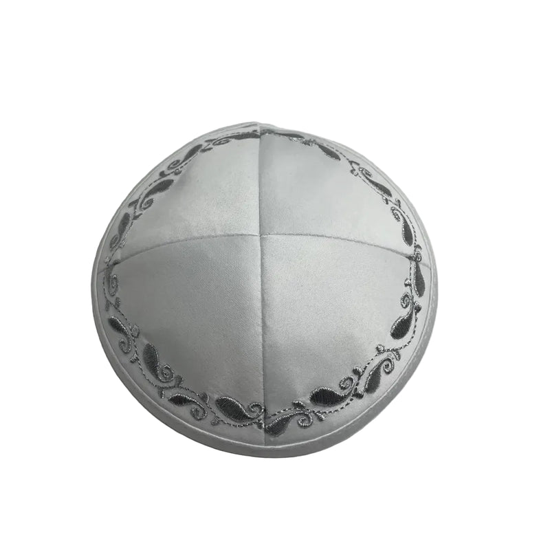 Floral Design Embroidered Wedding Kippah - Handmade White Yarmulke from Israel