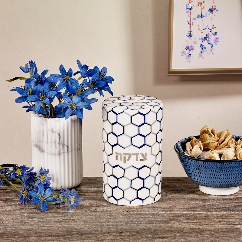 Honeycomb Design Ceramic Tzedakah Box with Silver Accents