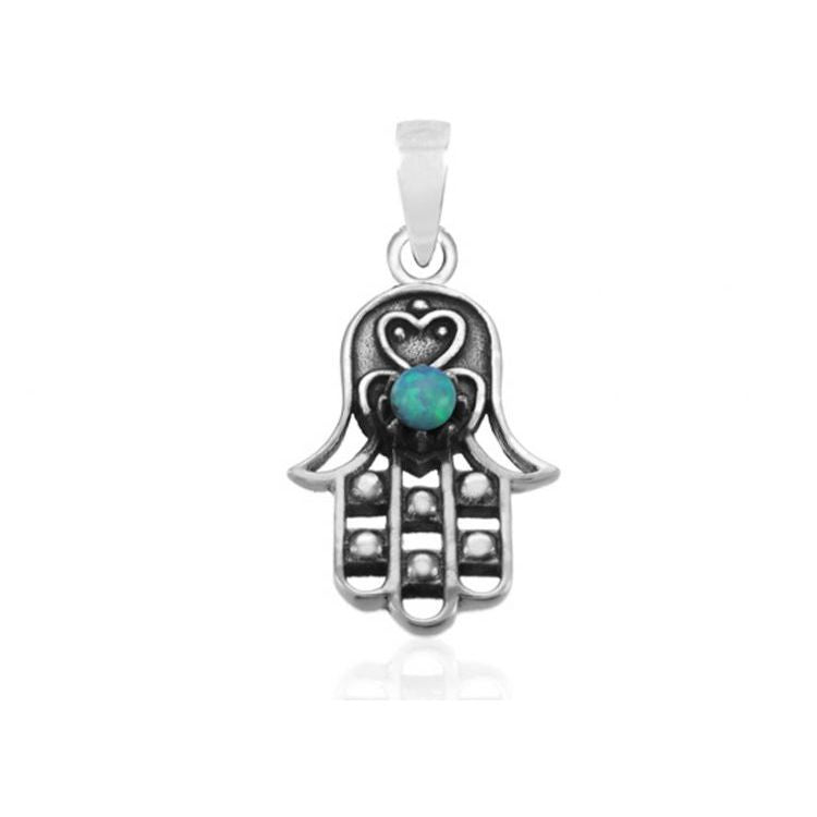 925 Sterling Silver and Opal Filigree Hamsa Pendant Necklace with 18" SS chain comes in a gift box