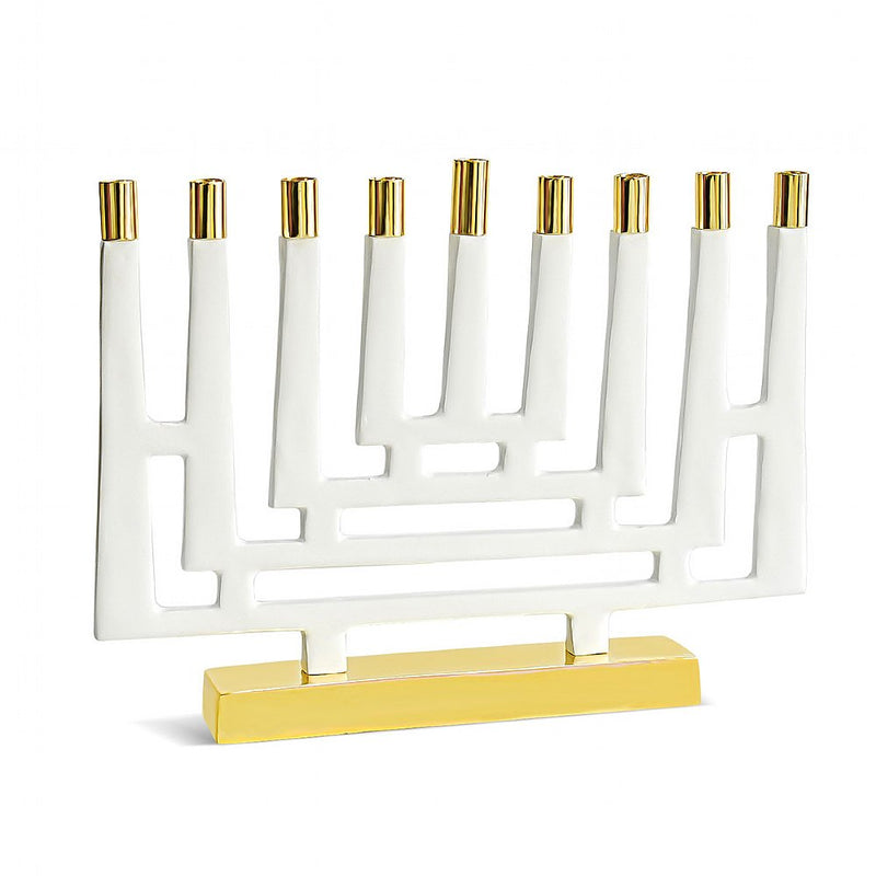 Maze Chanukah Menorah - White Enamel with Shiny Brass