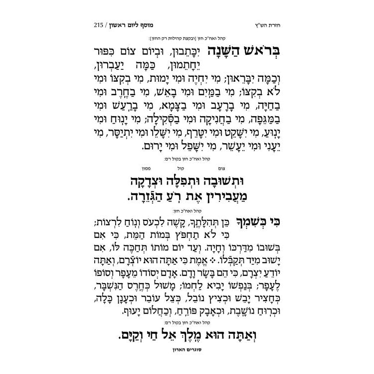 Chazzan Size Edition Machzor Rosh Hashanah Hebrew-Only Polin Sefard with English Instructions