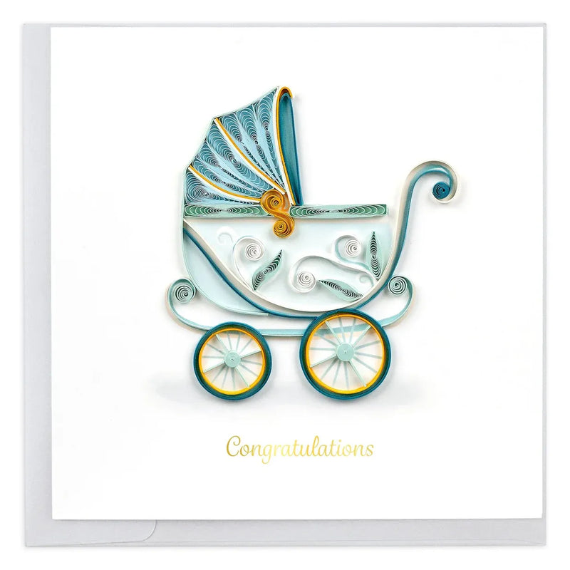 Quilled New Baby Boy Greeting Card Card  Blue Baby Stroller Hand Made by Women Artisans
