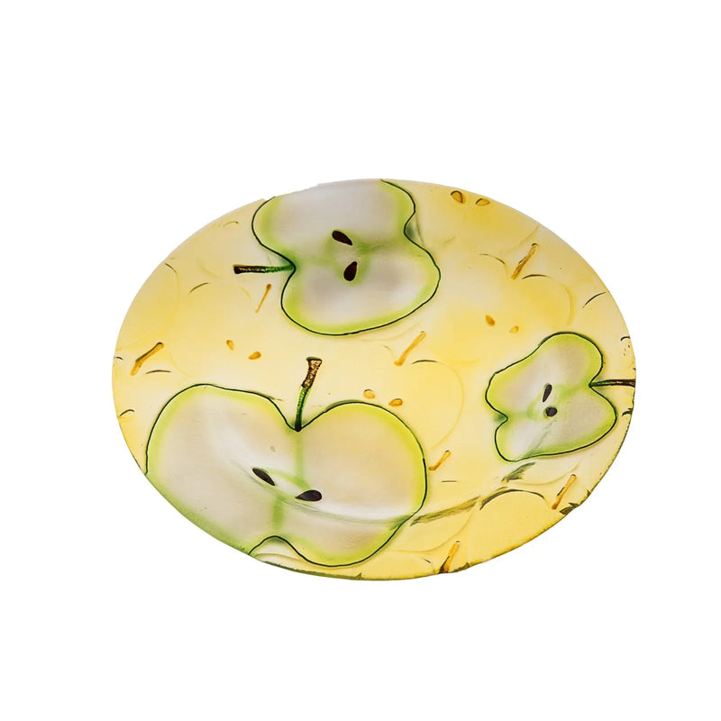 Rosh Hashana Round Glass Honey Dish / Platter in Yellow & Green Colors Apple Design