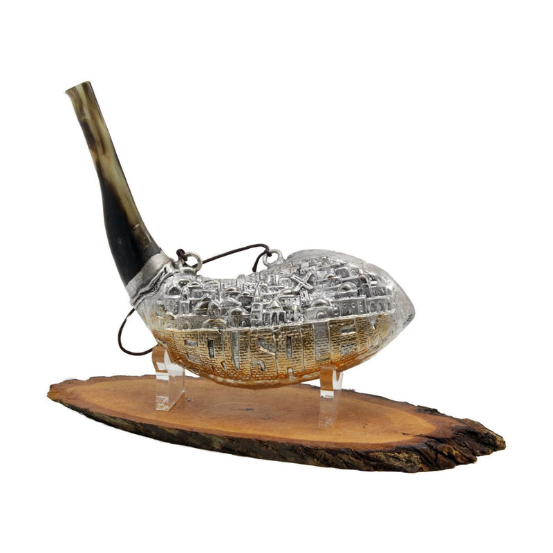 Rosh Hashanah Precious Shofar Jerusalem Decorated with Silver and Gold Made in Israel