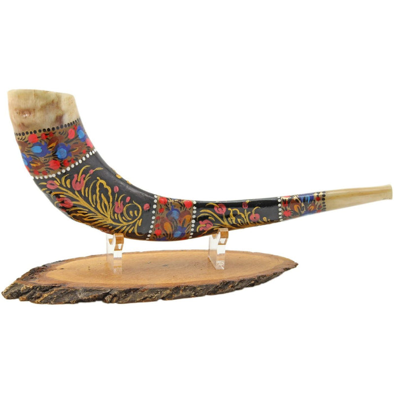 High End Jewish Art Hand Painted Ram's Shofar Features The Old City of Jerusalem and Pomegranets