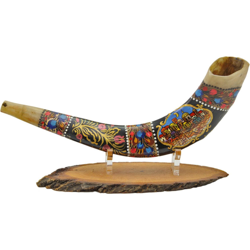 High End Jewish Art Hand Painted Ram's Shofar Features The Old City of Jerusalem and Pomegranets