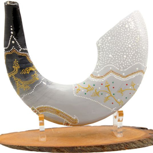 Painted Ram's Shofar Features King David's Lyre Hand Painted In Israel by Artist Sarit Romano